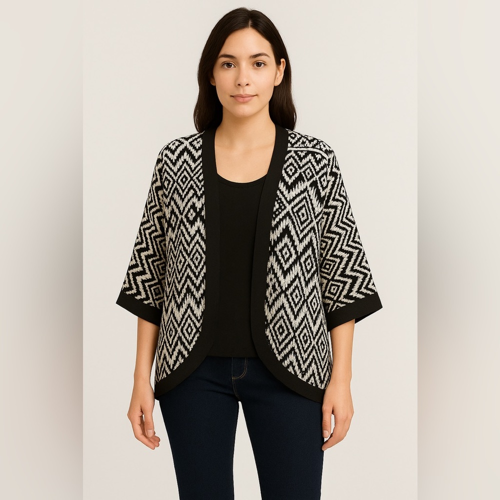 Monteau Kimono Cardigan Black White Geometric Open Front Women’s‎ Size Medium M